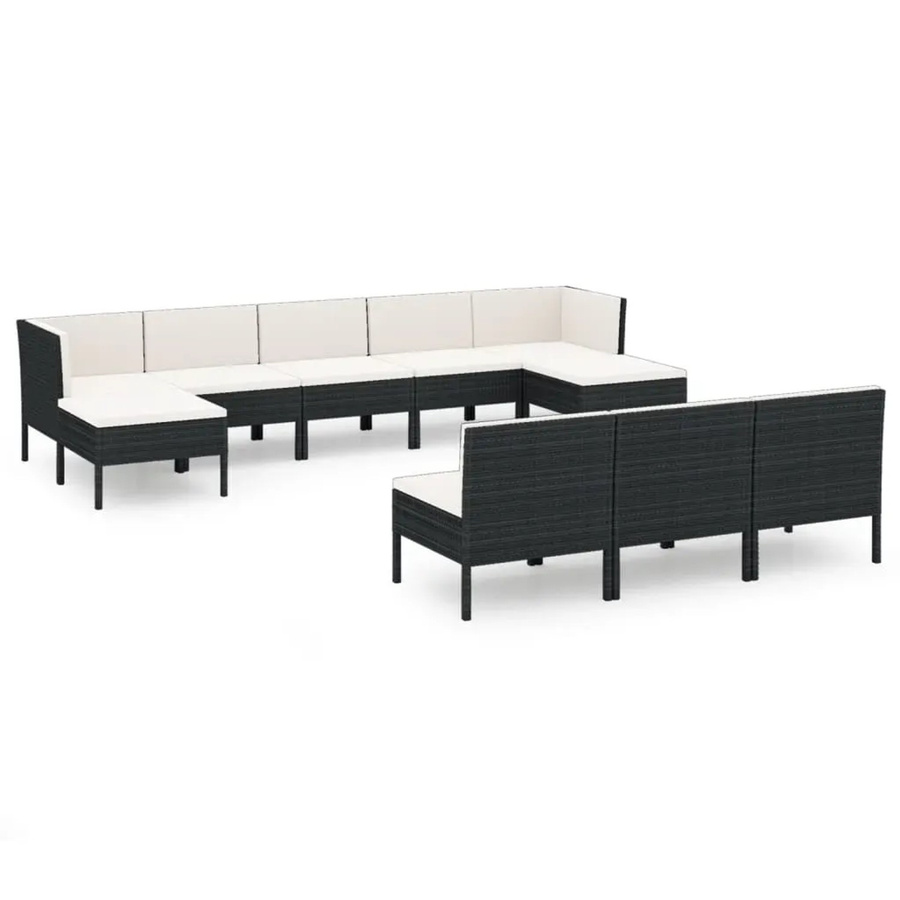 vidaXL 10-tlg. Garten-Lounge-Set in U-Form aus Poly Rattan mit Auflagen und Kissen, Schwarz und Weiß - Bild 2