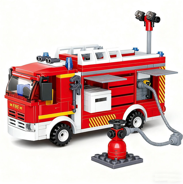 Matchstick Monkey Feuerwehr Set mit Feuerwehrauto und Bausteinen in Rot, 343 Teile - Bild 1