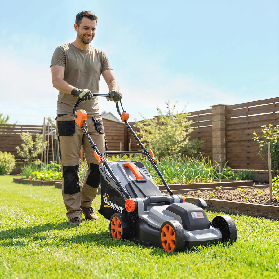 Outsunny Akku-Rasenmäher kabellos 18 V mit 2 Akkus à 4,0 Ah, Schnittbreite 34 cm, Mulch-Funktion, bürstenloser Motor 700 W, Fangkorb 35 L, 6 Schnittstufen 25-75 mm und verstellbarem Griff - Bild 2