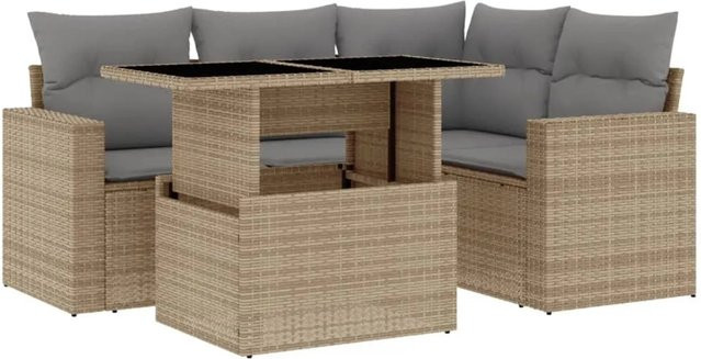vidaXL 5-tlg. Garten-Sofagarnitur in L-Form aus beigem Poly-Rattan mit wetterfesten Kissen und pulverbeschichtetem Stahlgestell - Bild 1