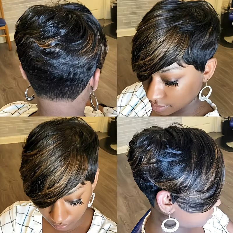 OYM HAIR Pixie-Schnitt-Perücke, brasilianisches Echthaar, schwarzblond, Damen - Bild 1