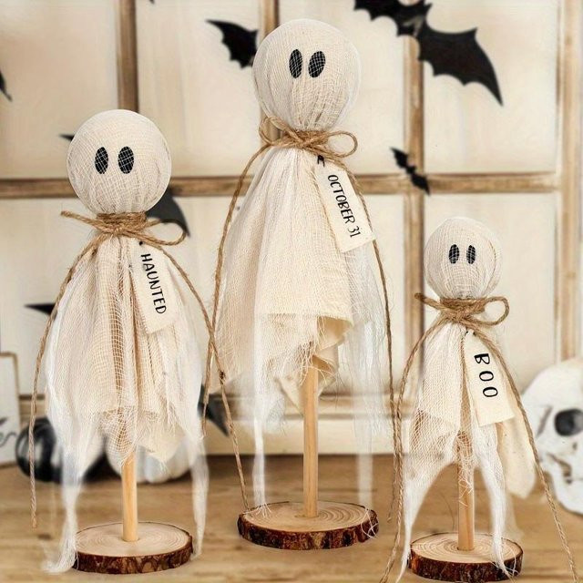 Rustikales Geisterfiguren-Set SZYMQ-001 in Beige und Weiß aus Holzwerkstoff und Textil für deine Halloween-Dekoration - Bild 1