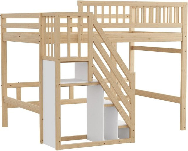 okwish Massivholzbett aus Kiefer für Kinder in Braun mit Treppe und Aufbewahrungsschrank, B/T/H: 140 x 200 x 173 cm - Bild 1