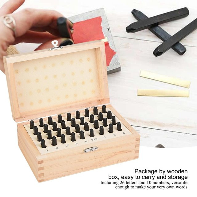 DIYelecs Stahl Buchstaben- und Zahlenstempel Set mit Holzkiste, 36 Stück, Farbe: Silber/Weiß - Bild 1