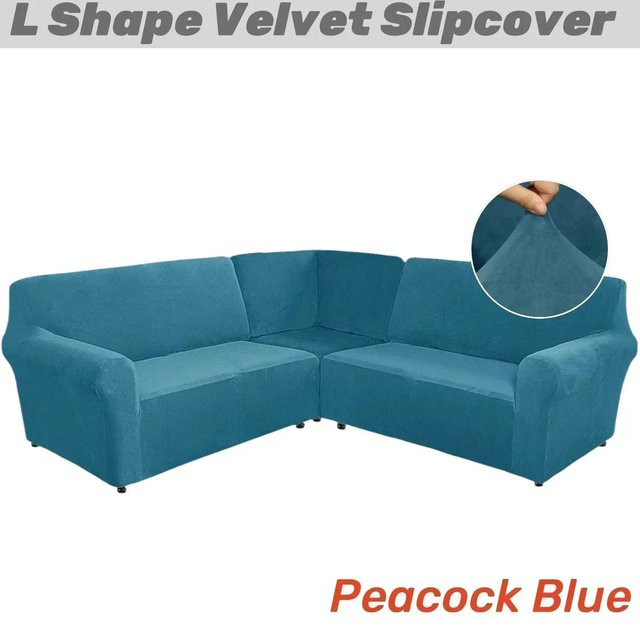 Yiran Furniture 3-teiliges L-förmiges Sofabezug-Set aus Samt für 5-Sitzer Ecksofas in Blau - Bild 1