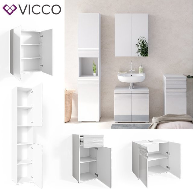 Vicco Badmöbelset Freddy in Weiß Hochglanz mit Spiegelschrank und Unterschrank - Bild 1