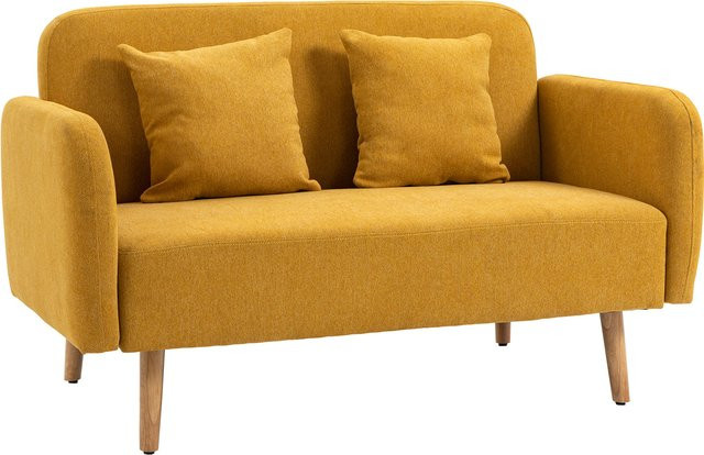 HOMCOM Doppelsofa Loveseat mit Kissen, 2-Sitzer aus Samt-Polyester und Schaumstoff mit einstellbaren Fußrasten, Natur und Gelb - Bild 1