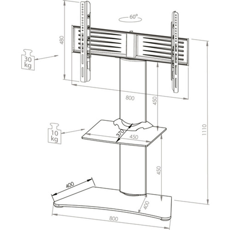 VCM TV-Standfuß Zental mit Zwischenboden für 32-70 Zoll aus Aluminium und ESG-Sicherheitsglas in Silber, H x B x T: 111 x 80 x 40 cm - Bild 2