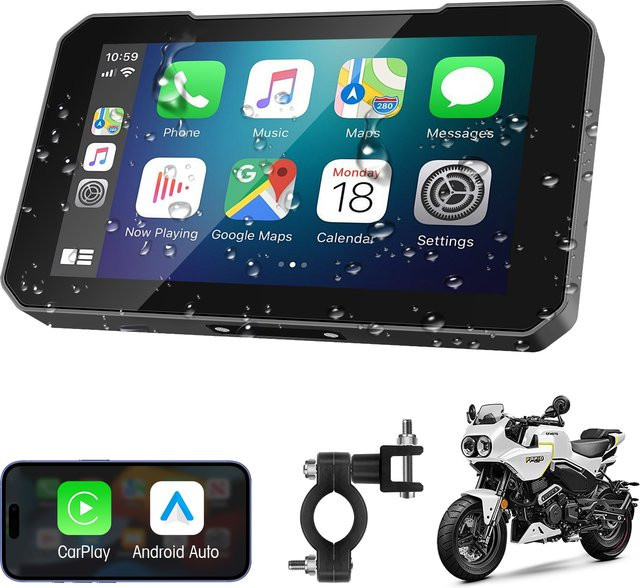 Ezonetronics 5 Zoll Motorrad CarPlay Bildschirm mit Touchscreen, kabelloses CarPlay und Android Auto, IP67 wasserdicht, Schwarz - Bild 1