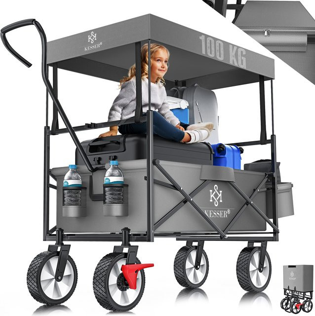 KESSER Bollerwagen faltbar mit Dach, Transportkarre und Gerätewagen mit Vollgummi-Reifen, 2 Netztaschen, Außentasche und Vorderrad-Bremse, bis 100 kg Tragkraft - Bild 1