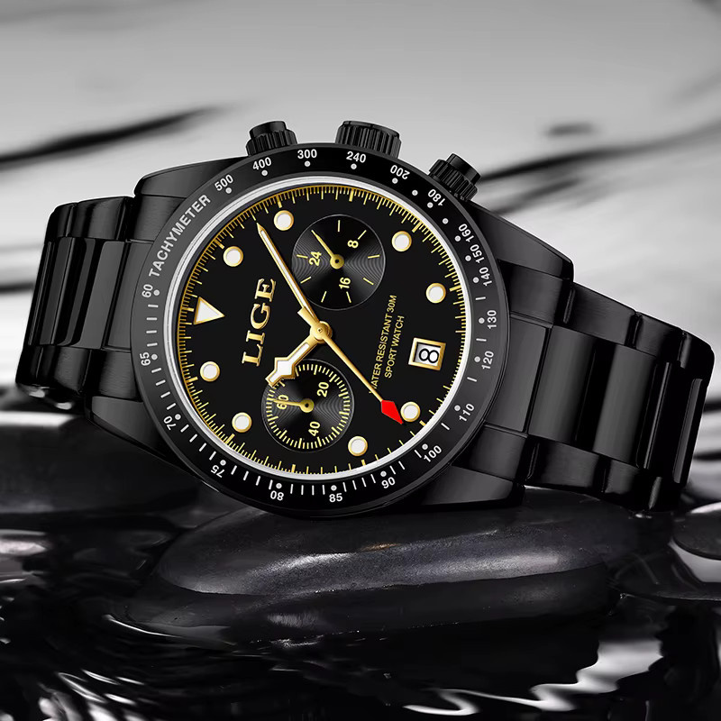 LIGE Armbanduhr Chronograph, Quarz, Edelstahl, Schwarz, Herren - Bild 2