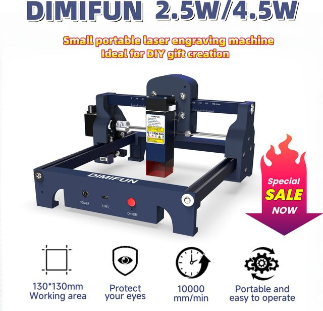 DIMIFUN Mini Tragbare Lasergravurmaschine mit blauer LED, 2,5/4,5W 450nm DIY Gravurgerät für Holz, Leder und Edelstahl, Farbe: Blau, B/T/H: 26,0 x 21,4 x 15,0 cm - Bild 1