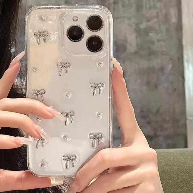 Transparente iPhone Hülle mit Glitzer-Schleife im Koreanischen Design für Apple iPhone 17 Pro, 16 Pro Max, 14 Pro Max, 13 Pro Max und 12 Pro - Bild 1