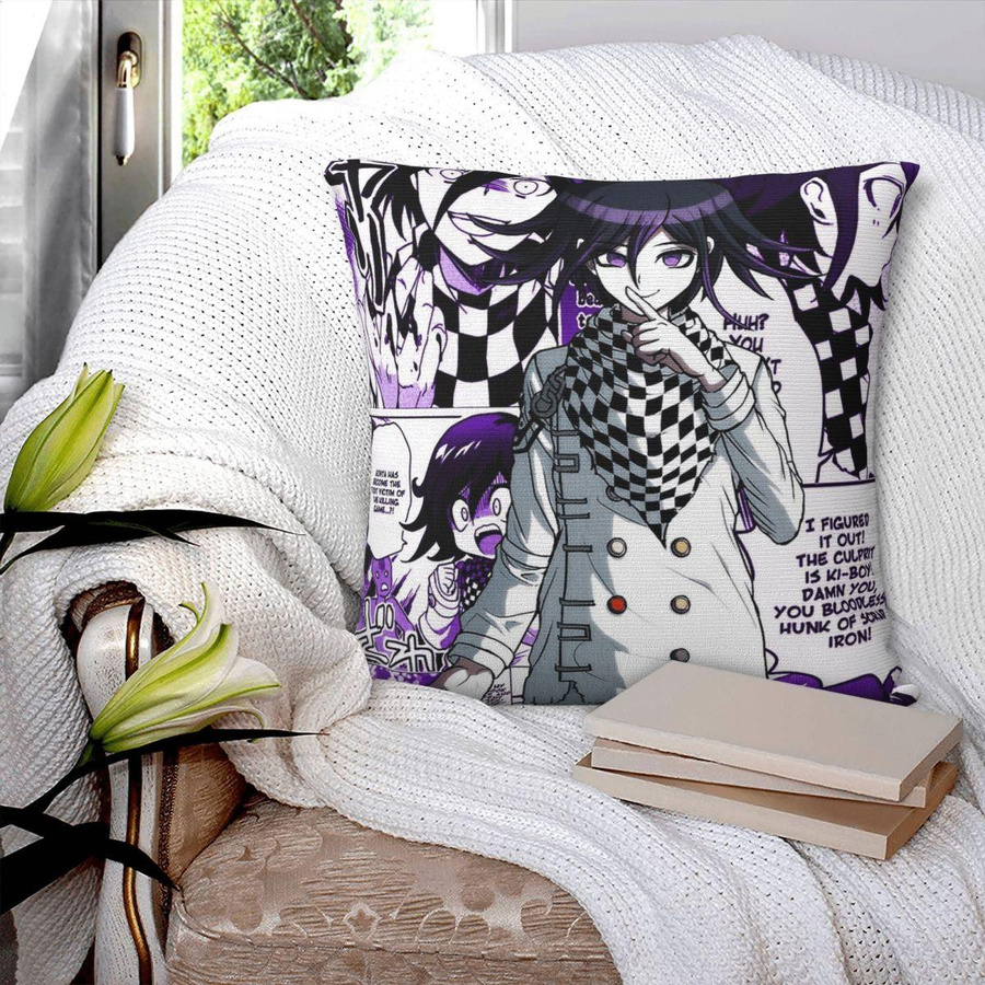 Quadratischer Kissenbezug Kokichi Oma Danganronpa in Lila aus Polyester-Leinen-Samt mit Reißverschluss, B/T: 18 x 18 cm - Bild 3