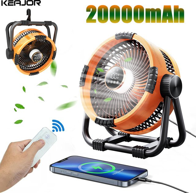 Raugee Camping Ventilator mit 20000mAh Akku, tragbarer Outdoor-Deckenventilator mit Licht und Haken, wiederaufladbar, Grau/Orange - Bild 1