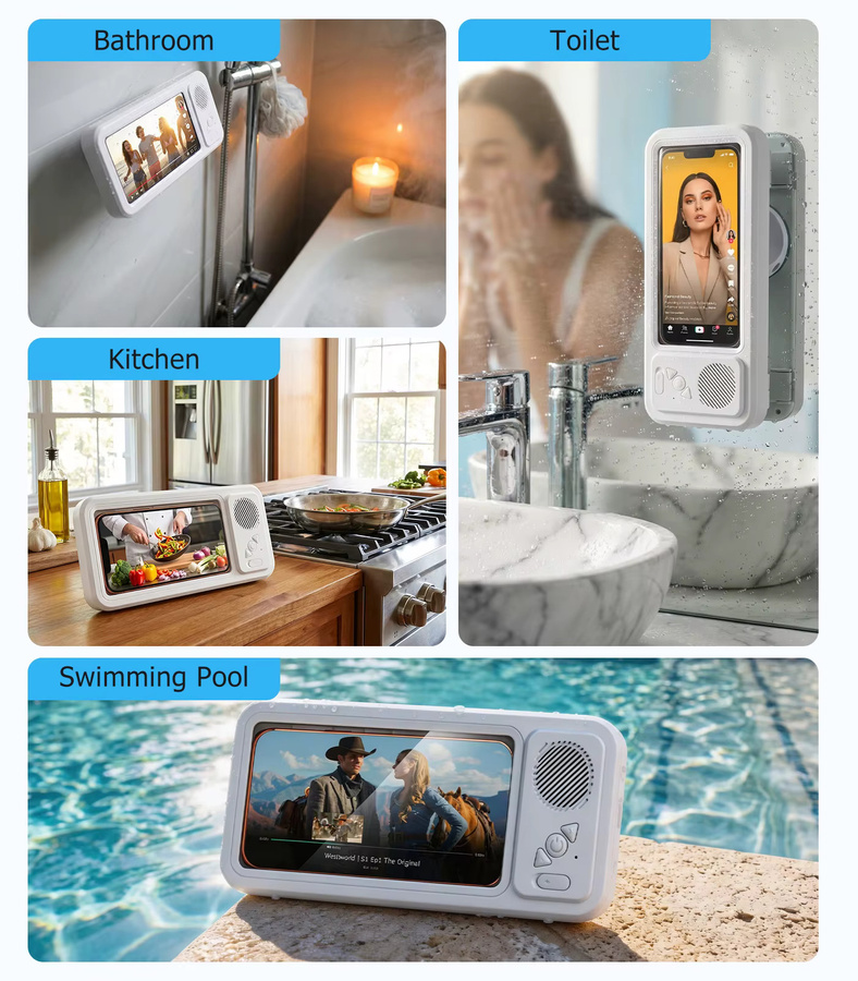 Eary Dusch-Handyhalterung mit Bluetooth-Lautsprecher, IPX5 wasserdichte Badezimmer-Box in Weiß mit 360 Grad drehbarer Wandhalterung und Antibeschlag-Schale - Bild 5