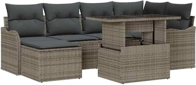 vidaXL Garten-Sofa-Set aus Polyrattan in Grau mit 7 Teilen, Ecksofa, Armlehnensofa, Hocker und Tisch inklusive Kissen und integriertem Stauraum - Bild 1