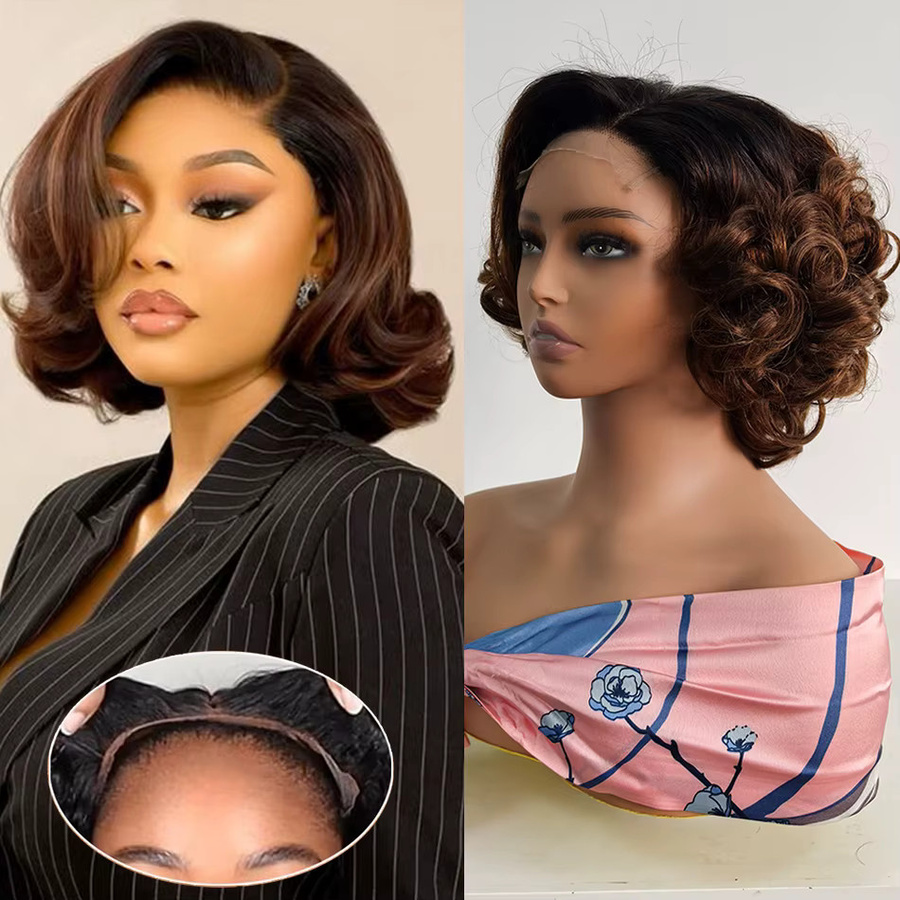 TENDRESSE Echthaar Perücke, Layer-Cut Ombre Bob, Bouncy Wave, 200% Dichte - Bild 3