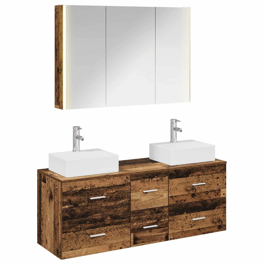 vidaXL Badezimmermöbel-Set 4-teilig aus Altholz und Glas in Braun mit LED-Spiegelschrank und Waschtischunterschrank - Bild 1