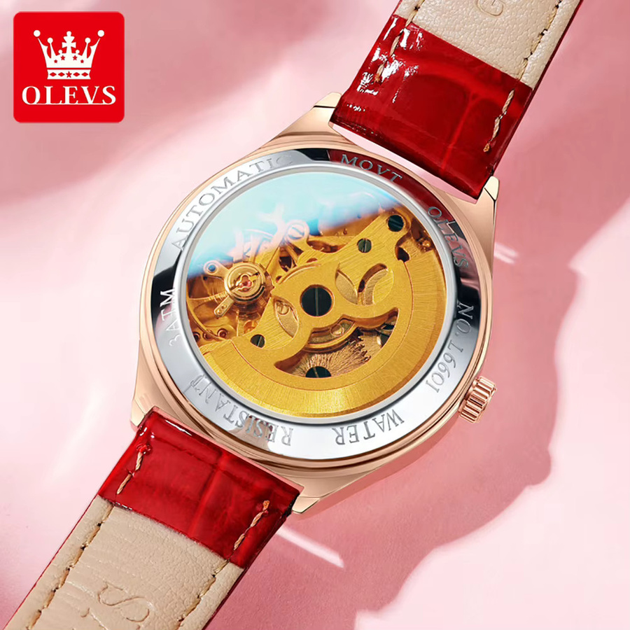 OLEVS Armbanduhr Automatik, Roségold, Diamant, Leder, Damen - Bild 3