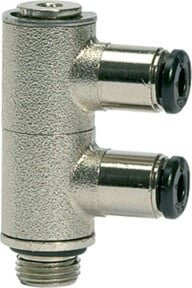 Riegler L-Mehrfachverteiler 2-fach click-clock, drehbar, Messing vernickelt, Farbe: Silber, Anschluss G 1/4, Durchmesser 8mm - Bild 1