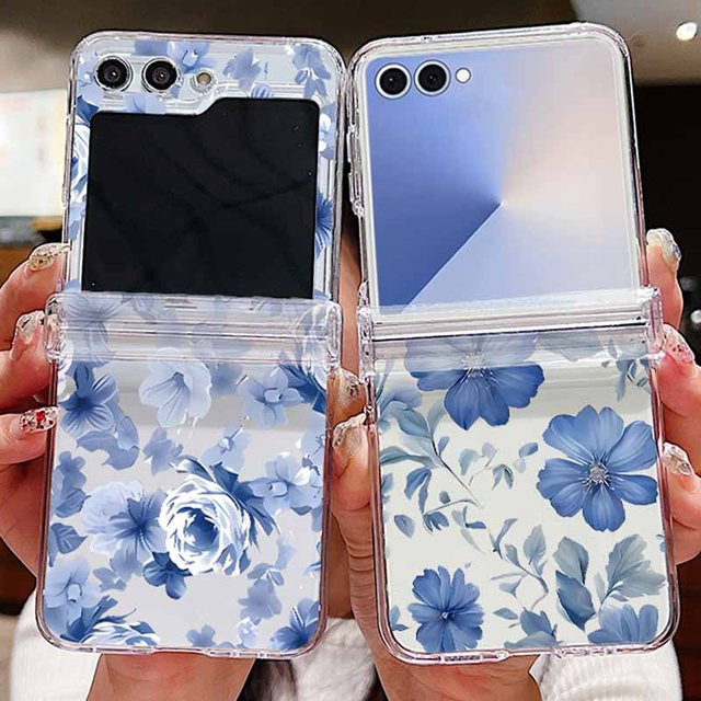 Transparente Samsung Galaxy Z Flip Handyhülle mit blauem Blumenmuster, stoßfeste PC-Schutzhülle - Bild 1