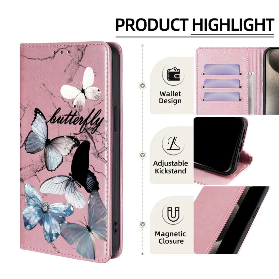 Leder Brieftasche Flip Case mit Schmetterling Motiven für Samsung Galaxy S25 Ultra S25 FE S24 S23 S22 Plus A56 A36 A26 A17 A07 in Grün - Bild 2