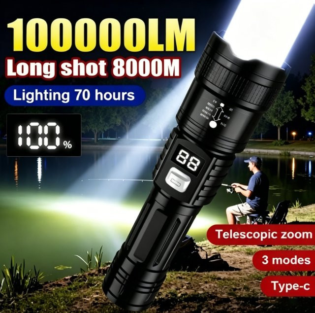Superhelle taktische LED-Taschenlampe mit großer Reichweite, wiederaufladbar und wasserdicht für Outdoor, Camping und Angeln - Bild 1