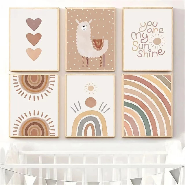 Potdemiel Boho Wandkunst Poster mit Regenbogen, Herz, Einhorn und Bär als abstrakte Leinwandmalerei in Mehrfarbig für dein Kinderzimmer - Bild 1