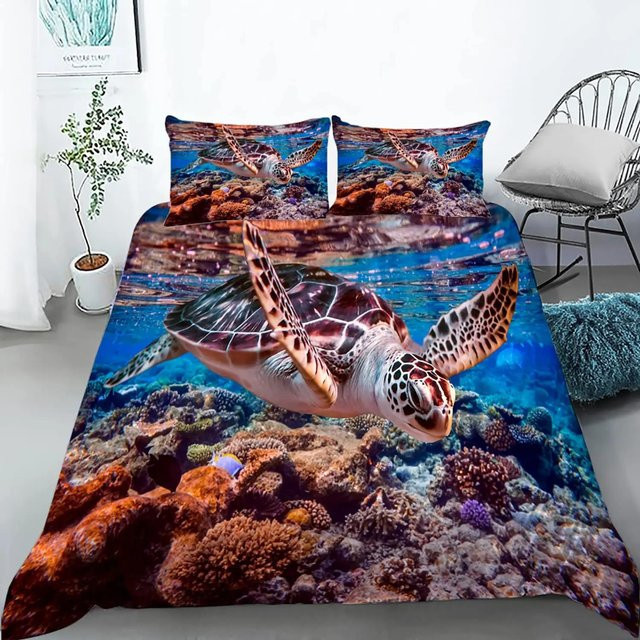 Bettbezug Set Meeresschildkröte von Your Warm Home in Blau, 3-teiliges King Size Set aus Polyester für Teenager, B/H: 240 x 210 cm - Bild 1