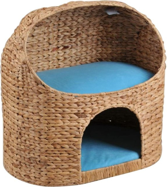 Katzenhöhle Marvin von Silvio Design aus Wasserhyazinthe mit Kissen in Türkis, B/T/H: 55,0 x 39,0 x 54,0 cm - Bild 1