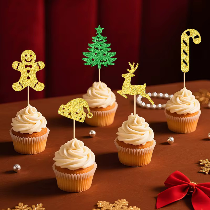 YOMDID 25 Stück Weihnachts-Cupcake-Topper aus Bambus in Gold, Grün und Multicolour mit Weihnachtsbaum, Weihnachtsmütze, Zuckerstange und Hirsch zur Kuchendekoration - Bild 4