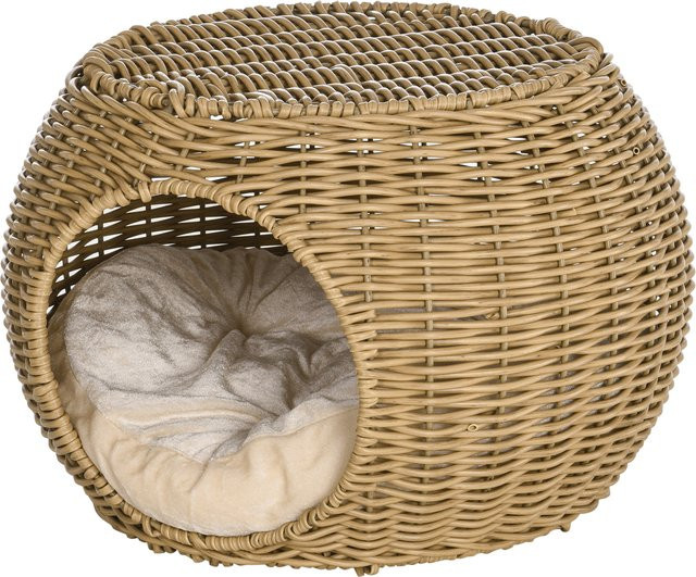 PawHut Katzenhaus Aosom Katzenhöhle aus geflochtenem Kunstharz-Rattan mit weichem Kissen, Hellbraun, Durchmesser: 40 cm, Höhe: 30 cm - Bild 1