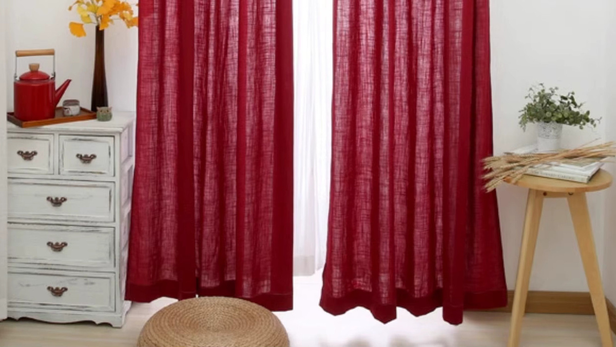 ZJBYZHOUSEHOLD Retro-Vorhang aus Baumwolle und Leinen in Rot, halbtransparent, Höhe: 210 cm, Breite: 100 cm - Bild 4