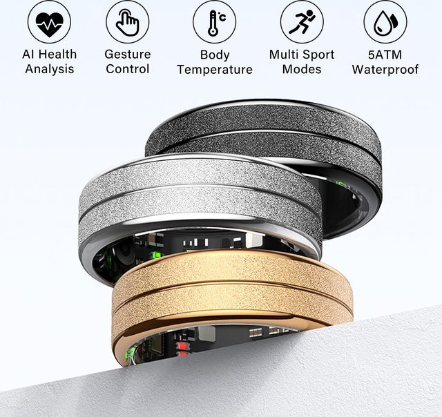 Uhoofit Smart Ring Gold mit KI-Gesundheitsanalyse, Herzfrequenzmessung und Körpertemperatur für Damen und Herren, 5ATM wasserdicht mit Multi-Sport-Modi und Gestensteuerung - Bild 1