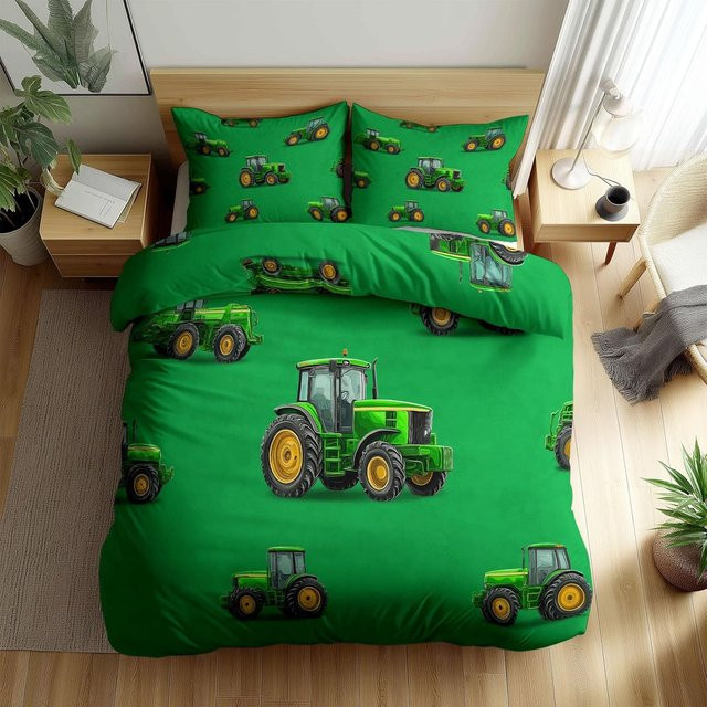 Wendbares Bettbezug-Set mit Bauernhof Traktor Motiv, atmungsaktives Microfaser-Duvet-Cover Set in Grün, B/H: 175 x 220 cm - Bild 1