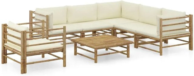 vidaXL 7-teiliges Garten-Lounge-Set aus Bambus mit cremeweißen Kissen - Bild 1