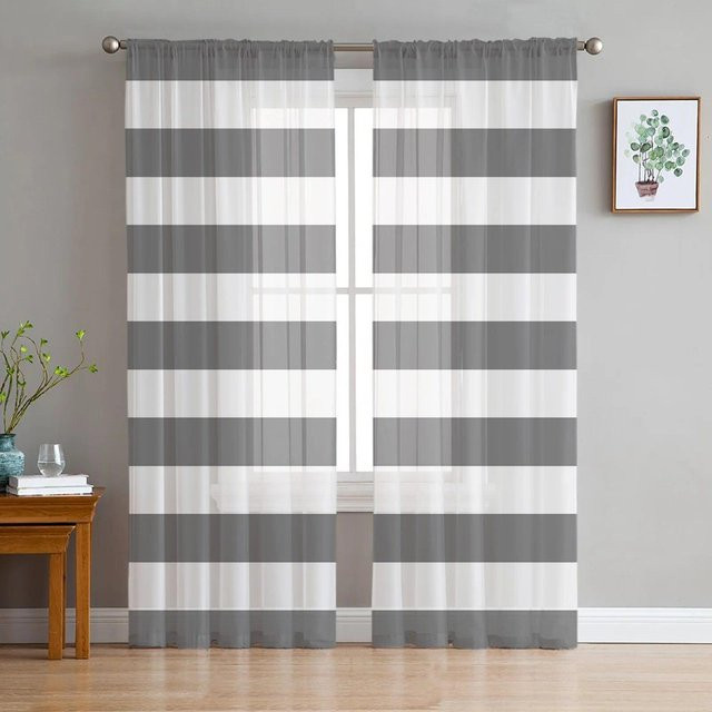 A Family Of Home Textiles Transparenter Tüllvorhang mit Streifen in Grau, Chiffon-Vorhang für Wohnzimmer, Küche und Schlafzimmer, B: 135 cm, H: 137 cm - Bild 1