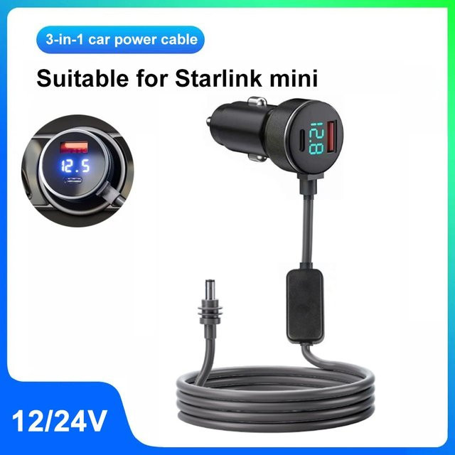 Kebidumei DC-Stromkabel für Starlink Mini, 2m Wasserdichter Adapter von Zigarettenanzünder 12/24V auf Starlink Mini, Schwarz - Bild 1