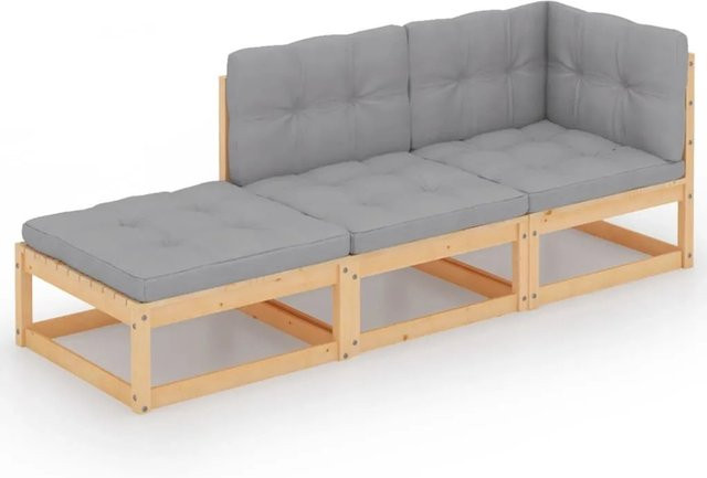 vidaXL 3-tlg Garten-Lounge-Set Modell 5 aus massivem Kiefernholz in L-Form mit grauen Polsterkissen - Bild 1