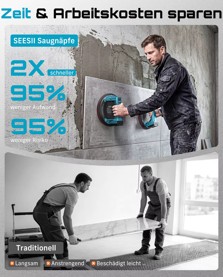 Seesii 2er Set Elektrische Vakuum-Saugnäpfe 8 Zoll mit intelligenter Anzeige und 4 Batterien für Keramik und Glas bis 200kg - Bild 3