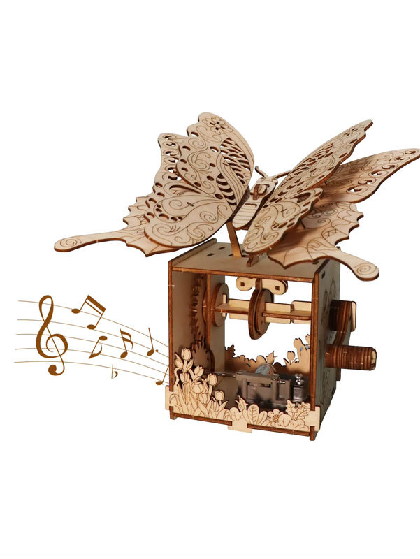 Handgefertigtes 3D-Holzpuzzle von Music Park als Schmetterling-Spieluhr mit You Are My Sunshine Motiv in Beige - Bild 3