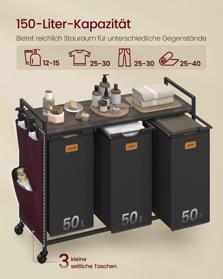 VASAGLE Wäschekorb mit 3 Fächern und Ablage, Rollbarer Wäschesammler und Wäschesortierer, schwarz-braun, 150 l - Bild 2