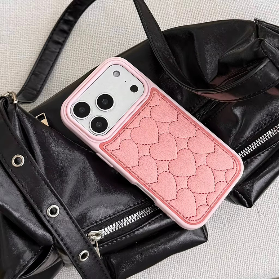 Stoßfeste Leder-Schutzhülle mit Herz-Muster für Apple iPhone 17, 16, 15, 14 und 13 Pro Max in Pink - Bild 5