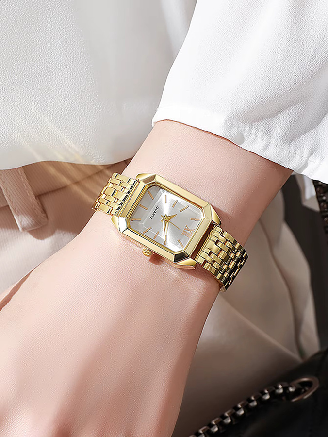 Armbanduhr-Set Damen, Quarz, Edelstahl, Eckig, Weiß, Gold - Bild 2