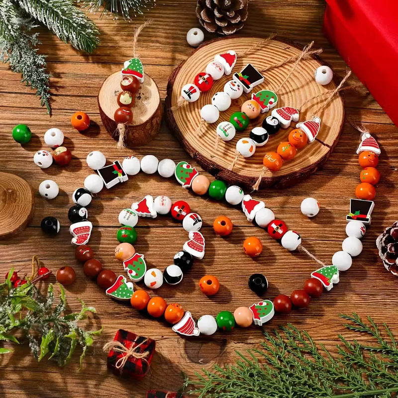 ZQNYCY DIY Weihnachten Holz Perlen Set mit Santa, Schneemann und Elf für Girlanden und Baumanhänger, Mehrfarbig - Bild 5