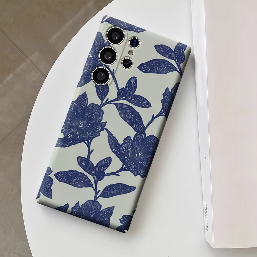 Glänzende Doppelschicht-Handyhülle mit Tintenblumenranken für Samsung Galaxy S25 Ultra, S24 und S23 Ultra Plus in Blau - Bild 3