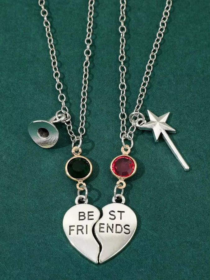 Bandai Anhänger-Halsketten-Set, silberfarben, Kristall, gebrochenes Herz-Design, grün, rot - Bild 4