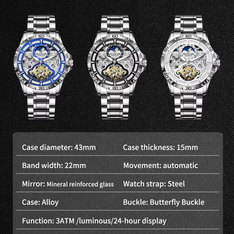 GLENAW Design Armbanduhr, Automatik, Mondphase, Edelstahl, Herren - Bild 6