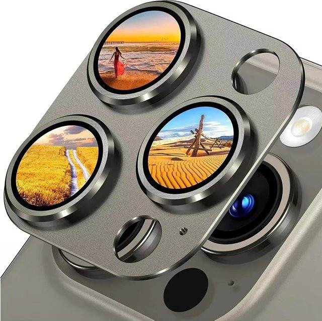 Metallrüstung Kameraobjektivschutz aus gehärtetem Glas für Apple iPhone 16 Pro Max Plus, iPhone 15 Pro Max Plus und iPhone 14 Pro Max Plus in Silber - Bild 1